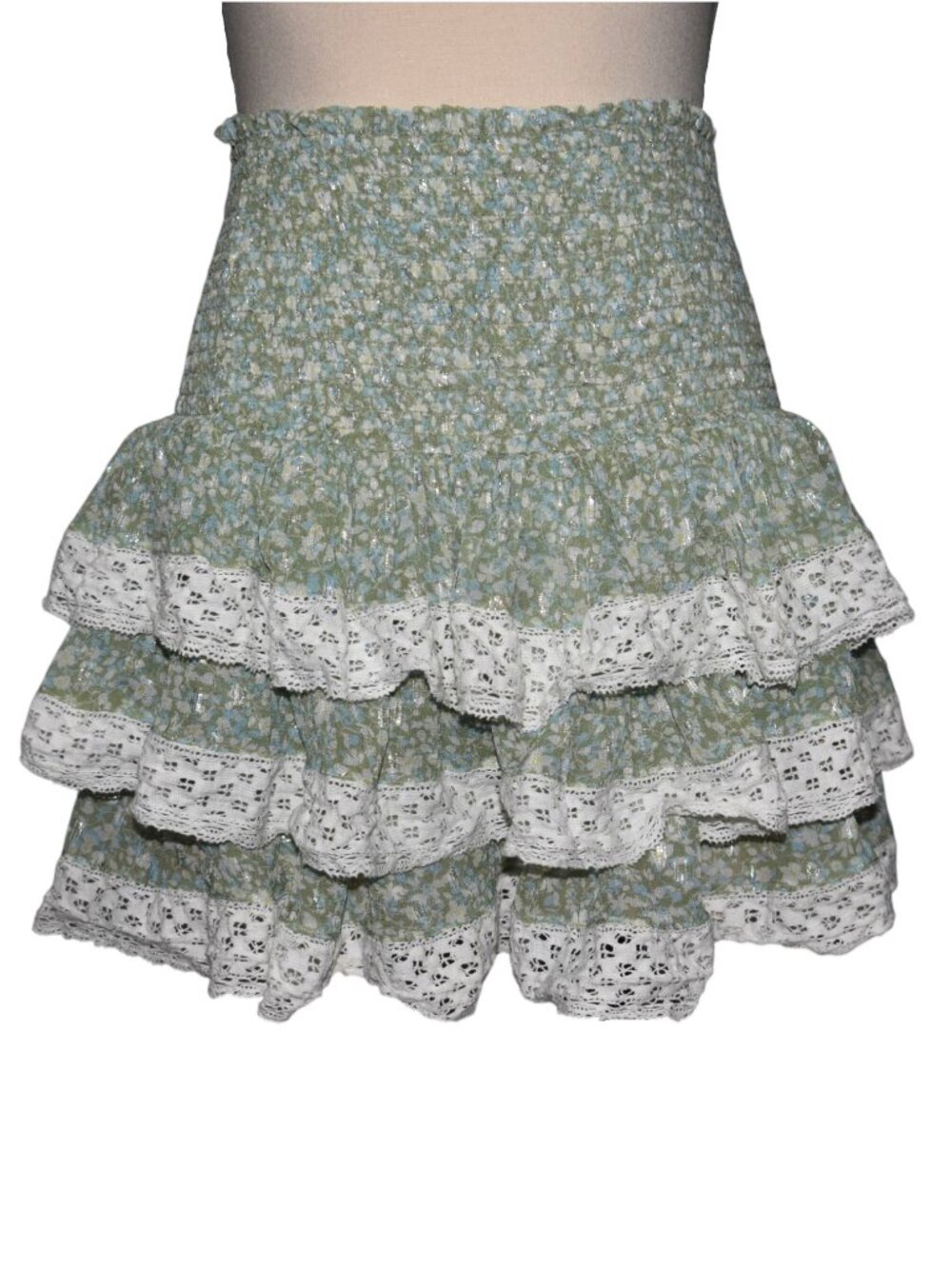 Sunday Saint Tropez Floral Ruffle Mini Skirt Lace Trim Smocked Waist TU S M